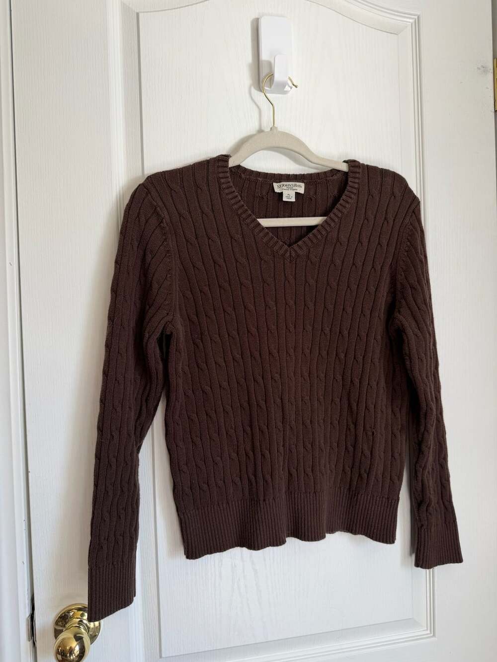 St. John's Bay Classic Sweater V-Neck Size PL Brown Cable Knit